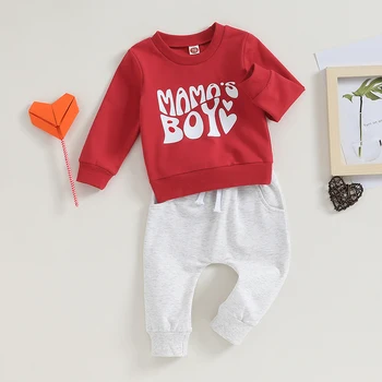 Casual Baby Boys džemperis Komplektas ilgomis rankovėmis Įgulos kaklo raidės Spausdinti Džemperis su elastiniu juosmeniu Sportinės kelnės Kūdikių drabužiai