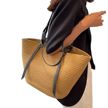 Didelės talpos moteriška rankinė prancūziška senovinė šiaudinė austa krepšys Paplūdimio stiliaus moters krepšys per petį