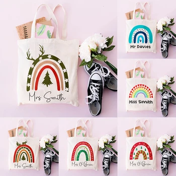 Eco Harajuku estetiniai mokykliniai krepšiai Mokytojo dovana Personalizuotas vaivorykštės mokytojo krepšys per petį Individualus pavadinimas Moterų drobė Pirkinių krepšys