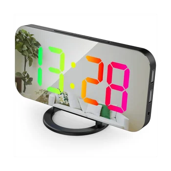 skaitmeninis žadintuvas RGB spalvingas didelio ekrano ekranas išmanusis veidrodis žadintuvas Kambario dekoravimo datos ekranas Juoda